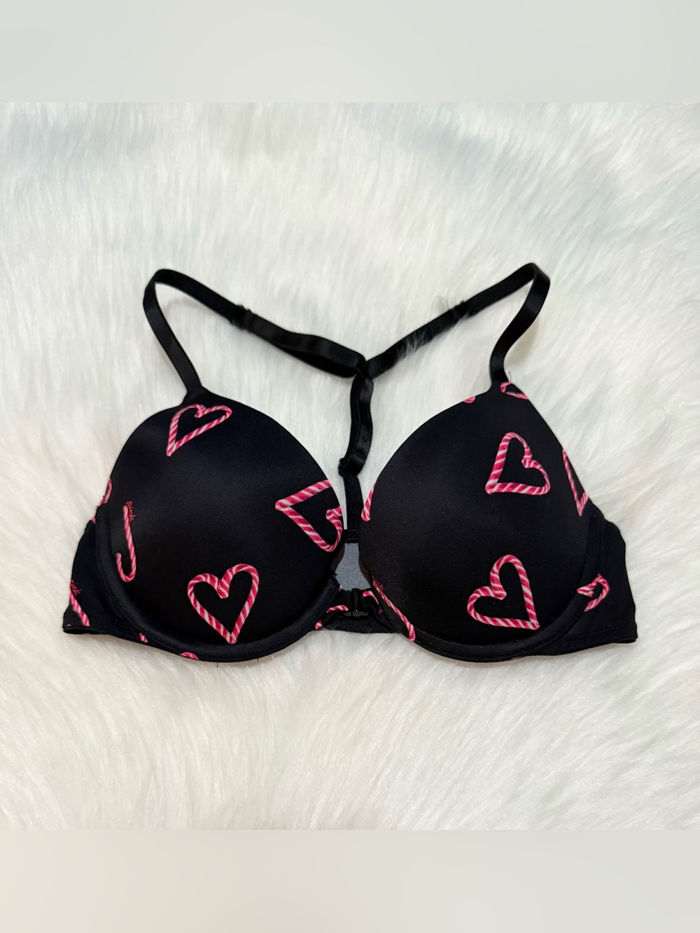 Victoria’s Secret Pink Wear Everywhere Push Up Bra Candy Cane Hearts NWOT 32B
